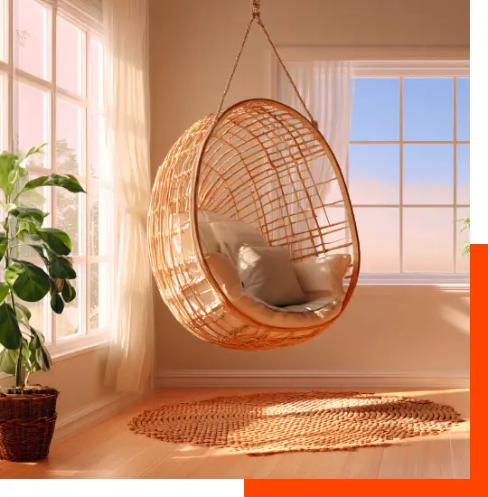 Bright, peaceful interior with a hanging chair and natural light, symbolising relaxation, nervous system balance, and feeling at ease.