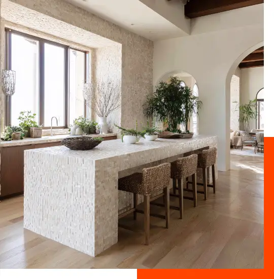 Sunlit kitchen with natural materials and plants, representing environmental health, daily routines, and lifestyle well-being.