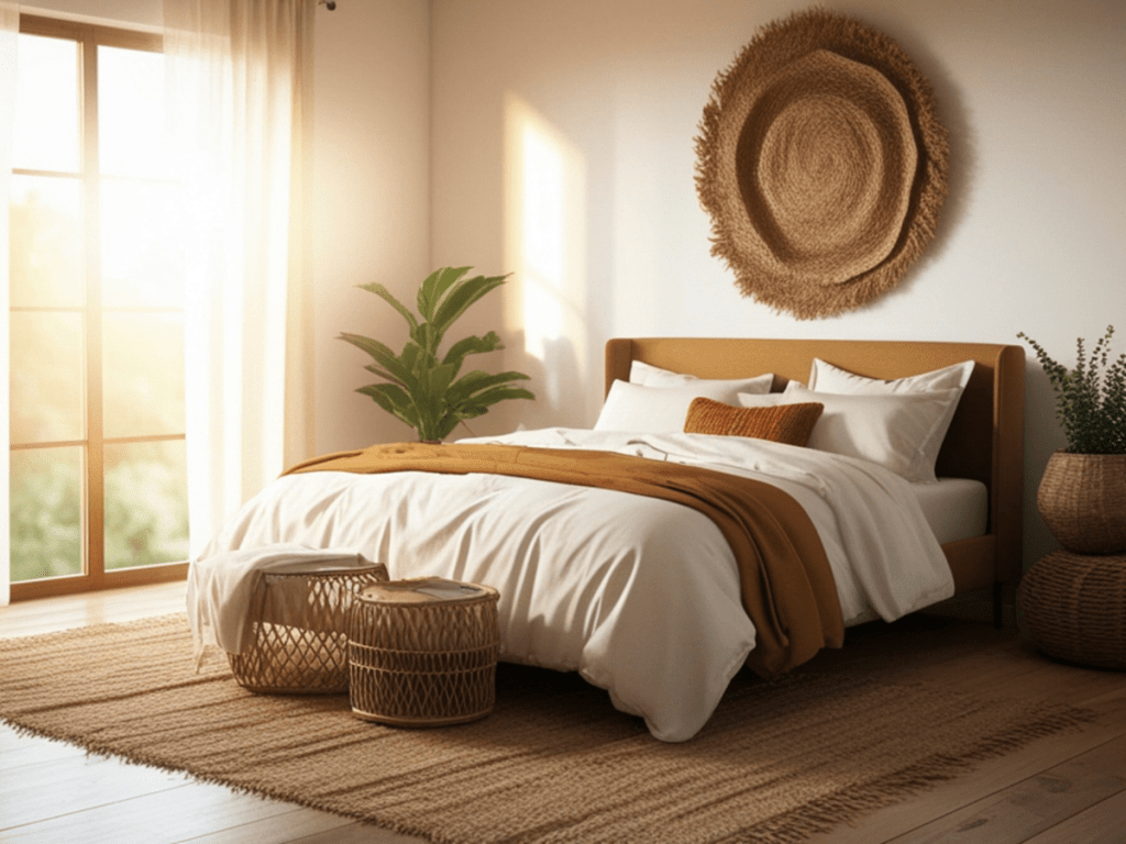 Restful bedroom with natural fibres and warm light supporting sleep, balance, and whole-body well-being.